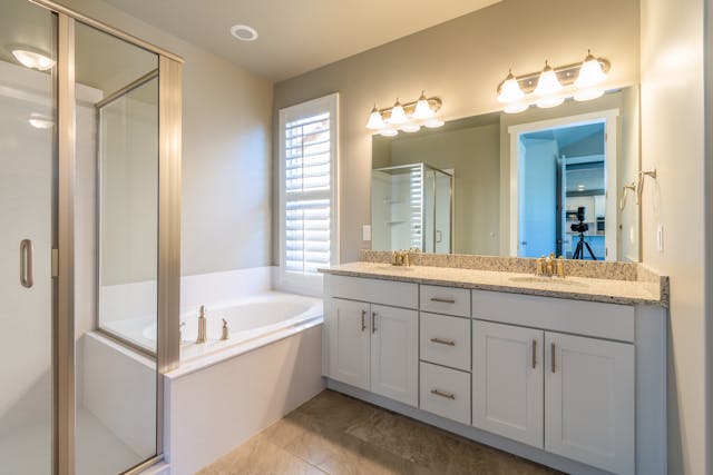 bathroom with standing shower and tub
