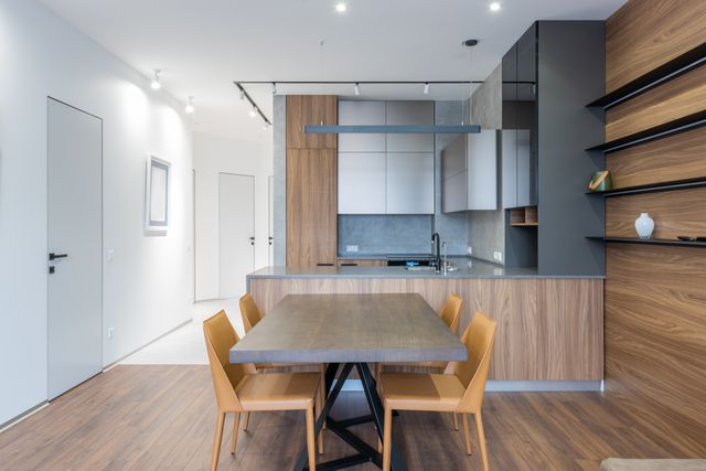 contemporary apartment kitchen and dining area