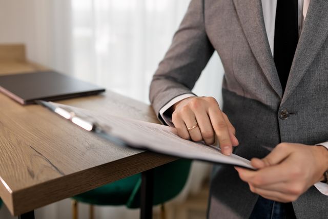 person in a suit at a desk reviewing a document