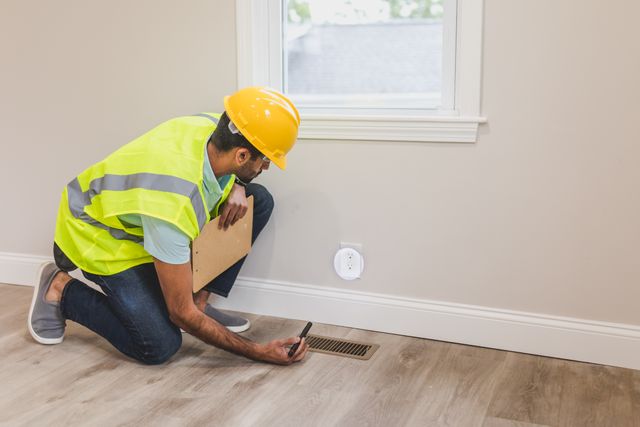 person inspecting an electrical outlet with a flashlight