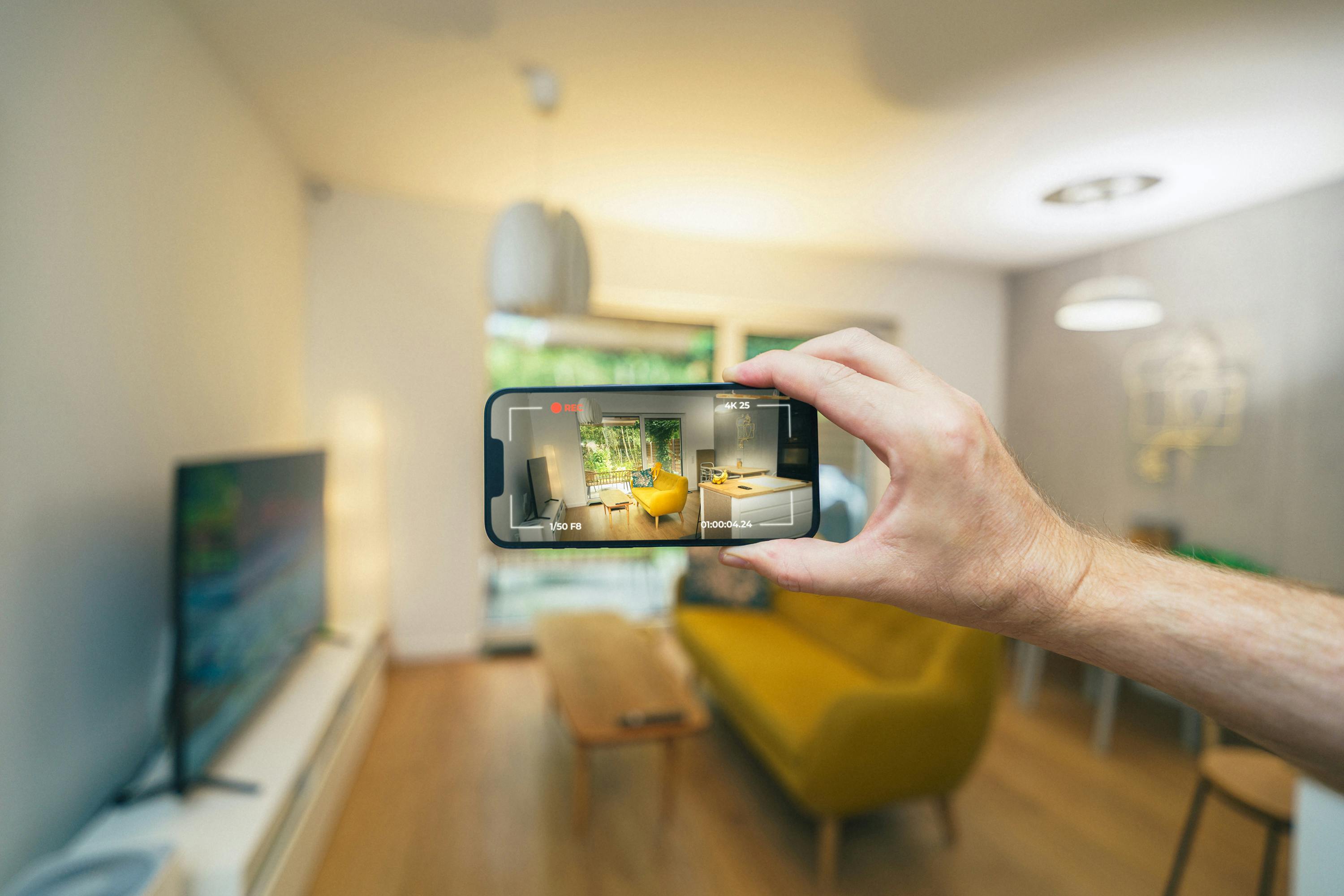 A hand holding a smart phone, filming the living room of an apartment.